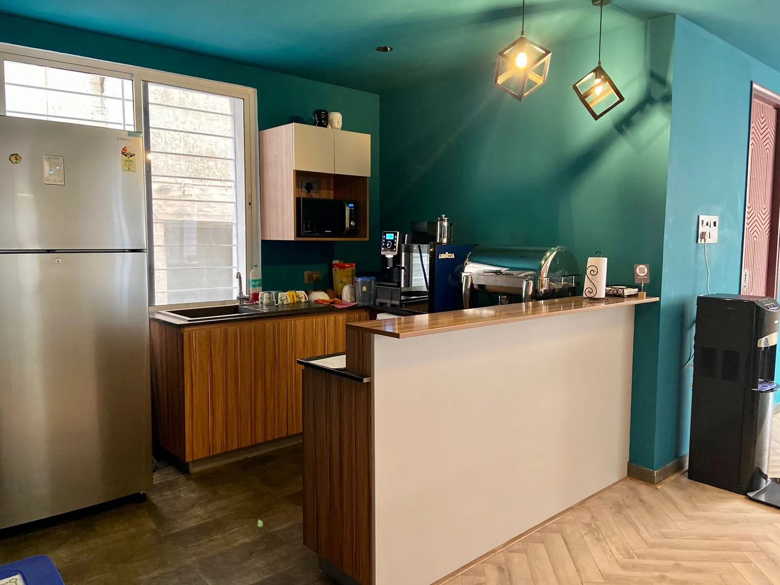 The pantry and coffee counter inside a Dongle Desk workspace